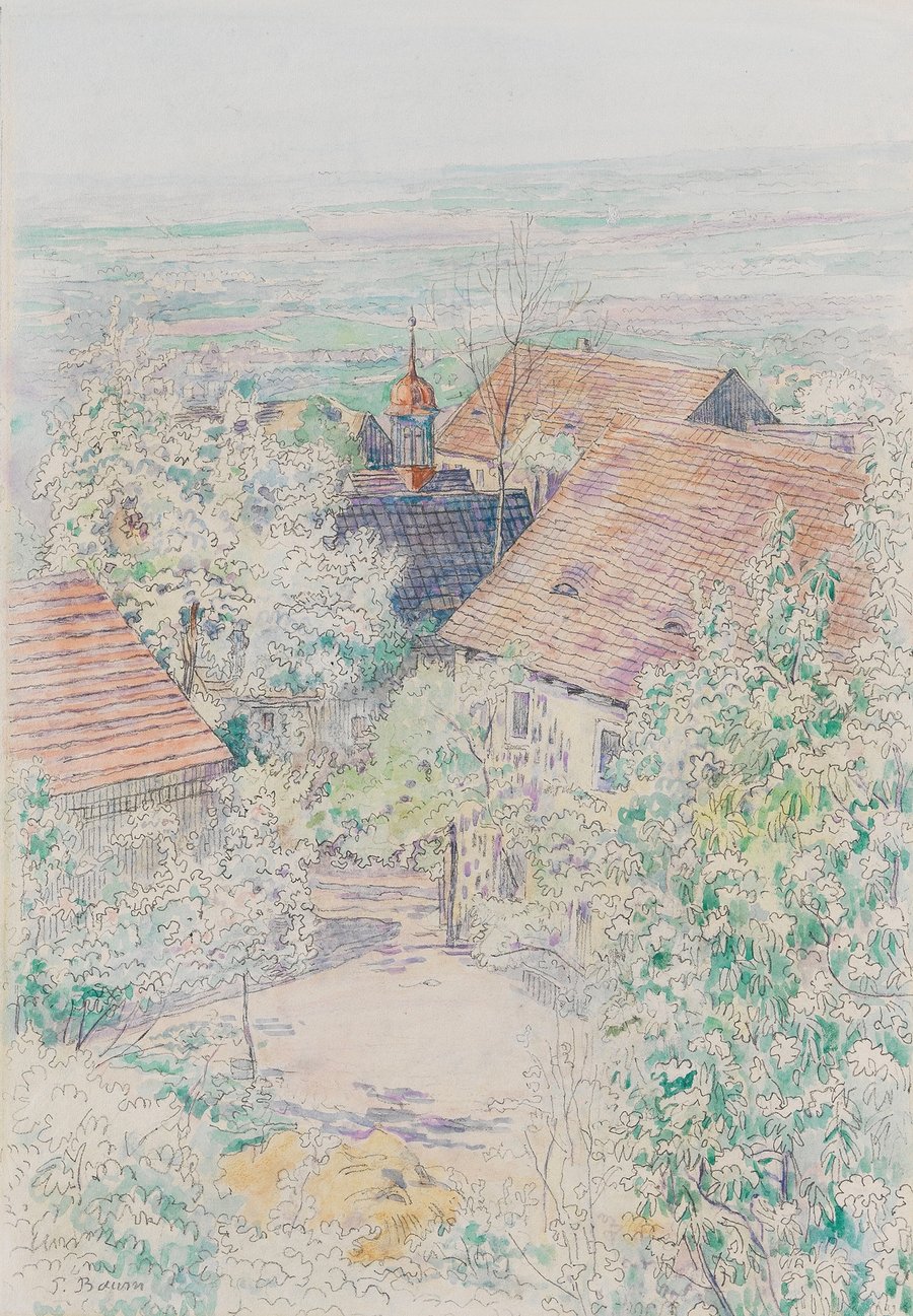 Blick aus Homberg an der Efze über blühende Bäume (1917)
