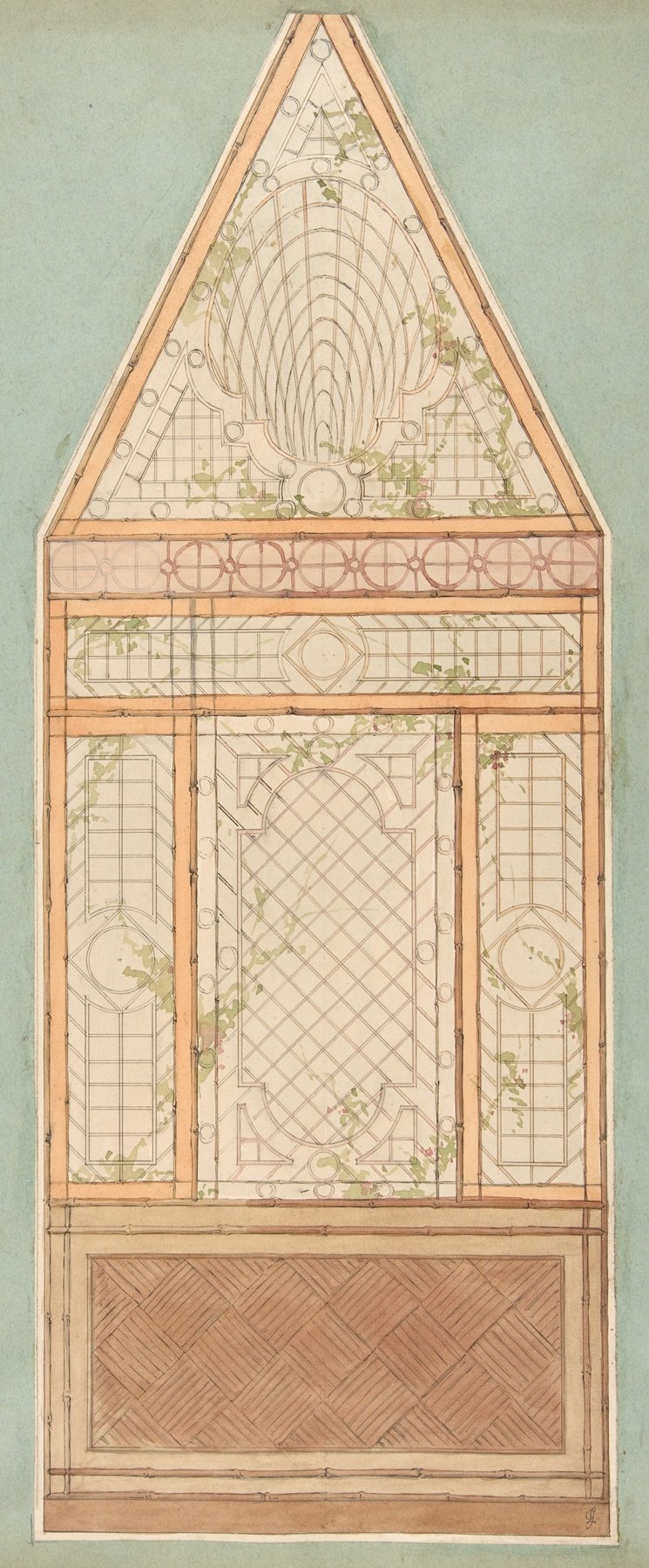 Design for the treatment of a wall with a pattern of lattices, vines, and bamboo (19th Century)