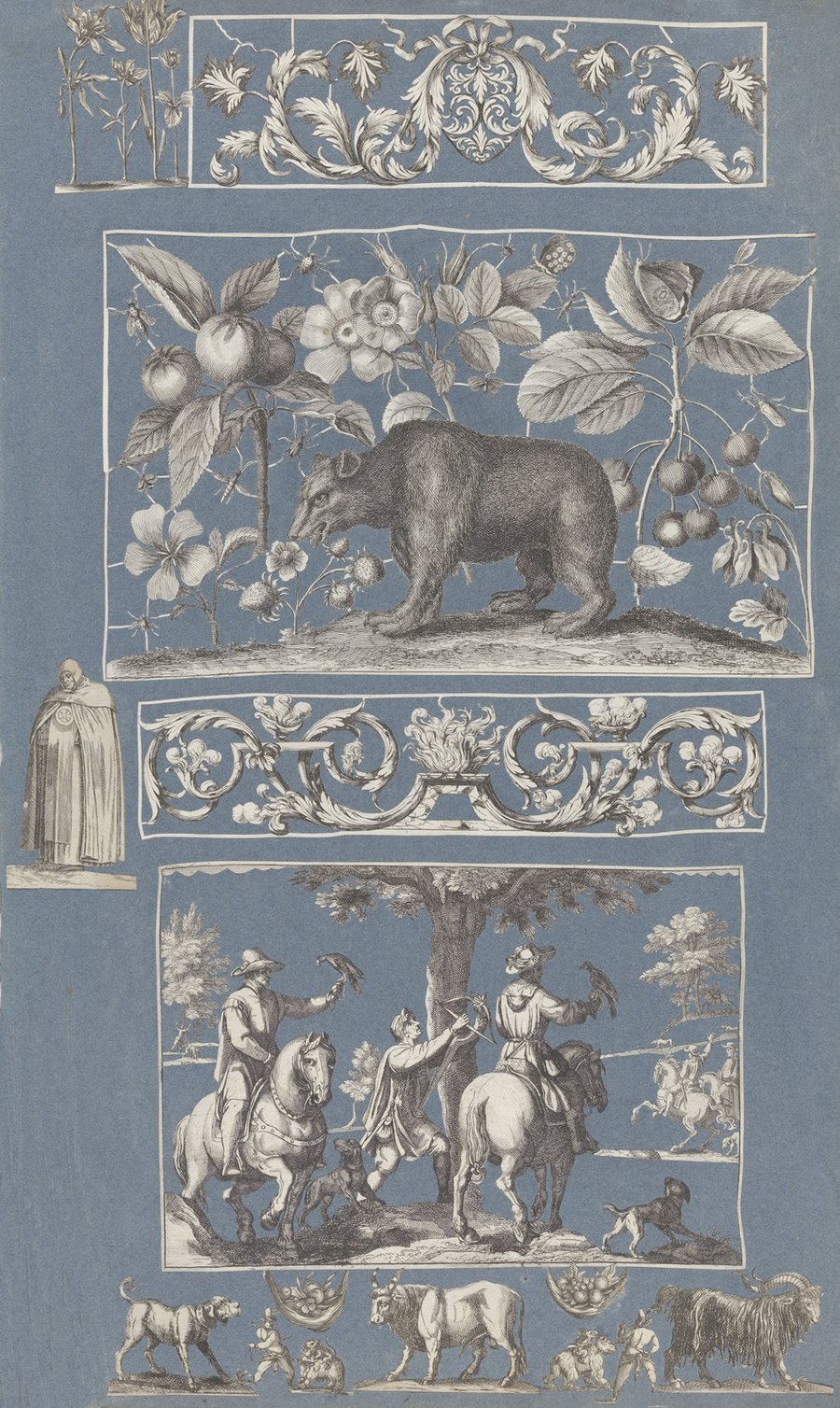 Collage of cut out prints pasted on blue paper Pl 12 (1585)