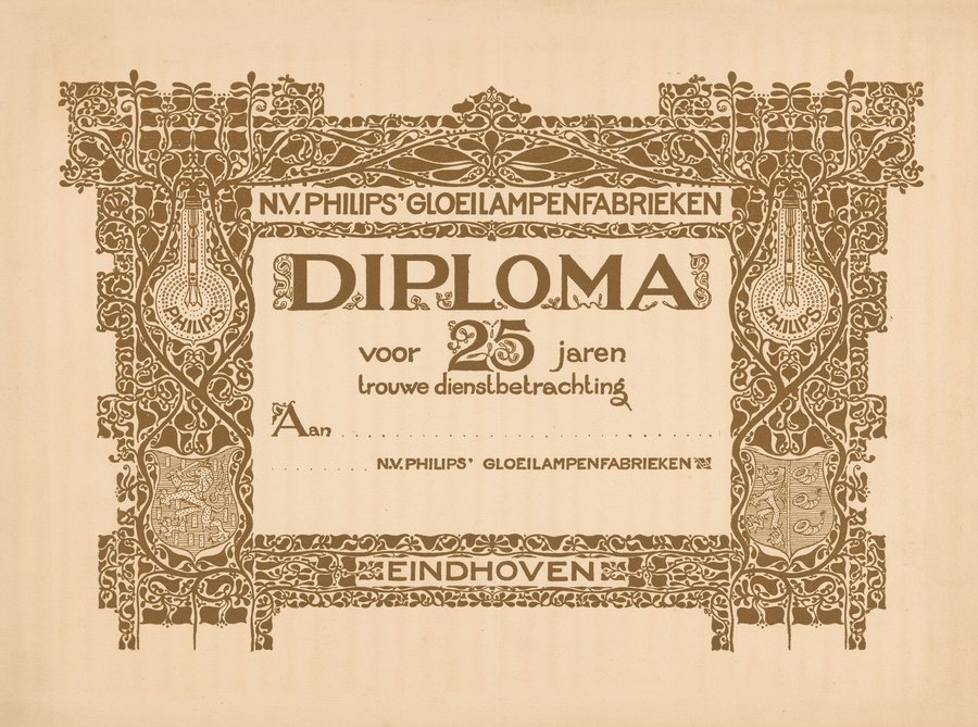 Diploma voor vijfentwintig jaar dienst bij Philips (1916)