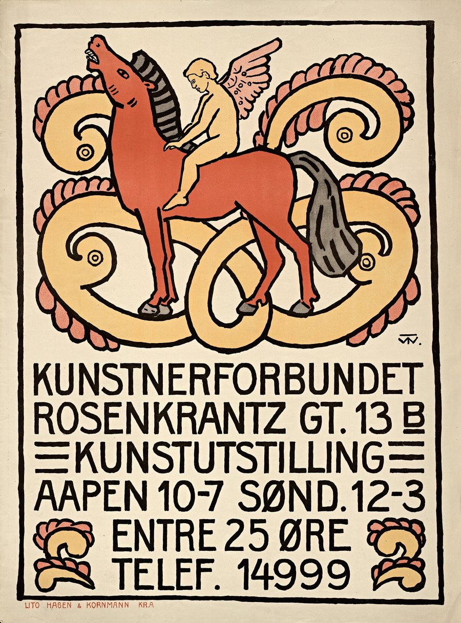 Kunstnerforbundet, Rosenkrantz gt. 13 B – Kunstutstilling – aapen 10-7. Sønd. 12-3. Entre 25 øre. Telef. 14999 (1915)