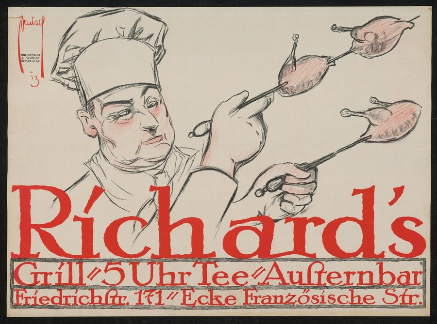 Richard’s Grill. Koch mit aufgespießten Brathähnchen (1913)