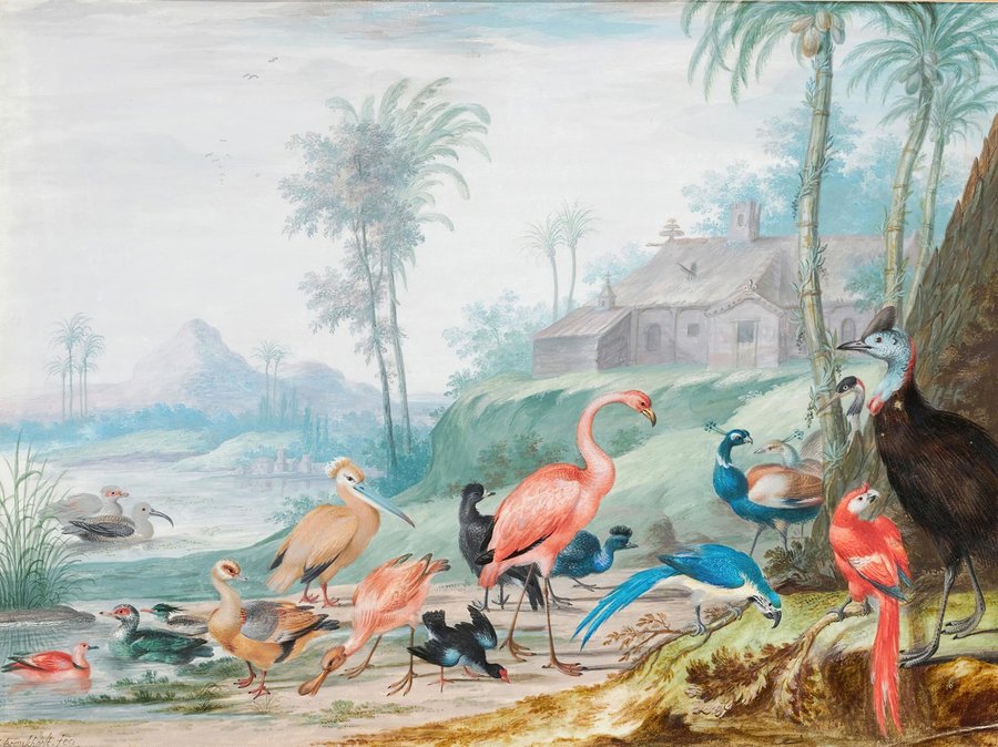 A Group Of Exotic Birds In A Landscape Beneath Palm Trees, A Building And Mountains Beyond