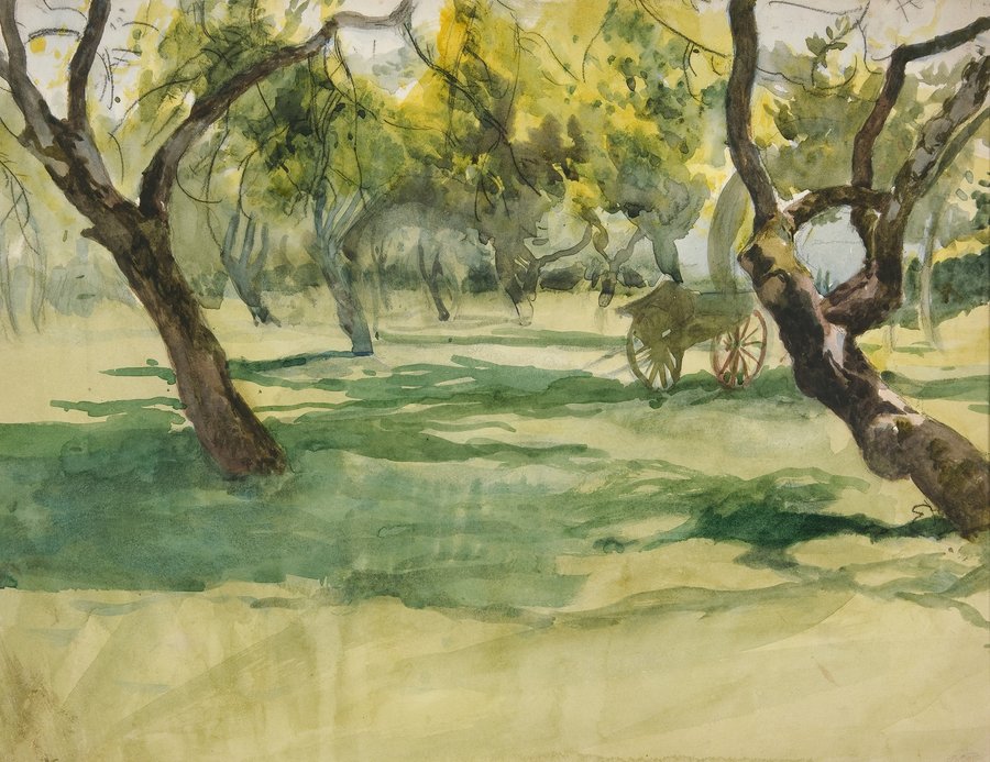 Orchard with Farm Cart