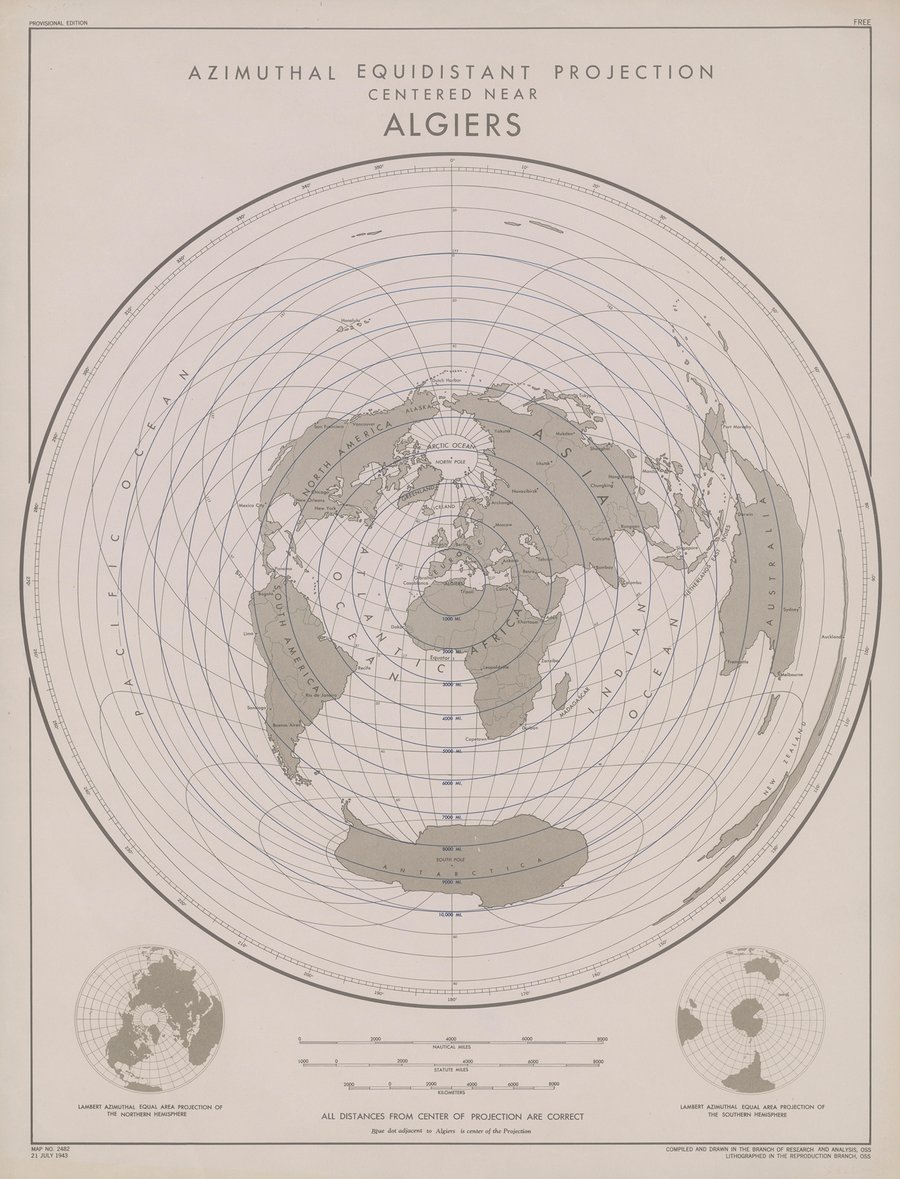 Azimuthal equidistant projection centered near Algiers (1943)