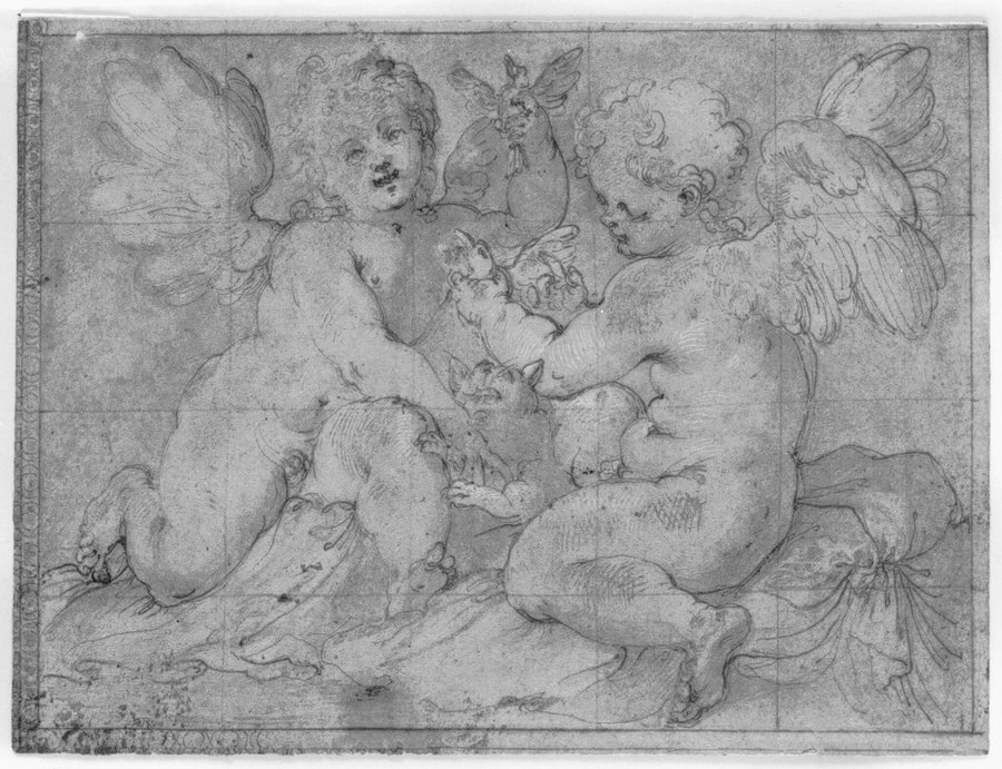 Two putti playing with a cat and two birds